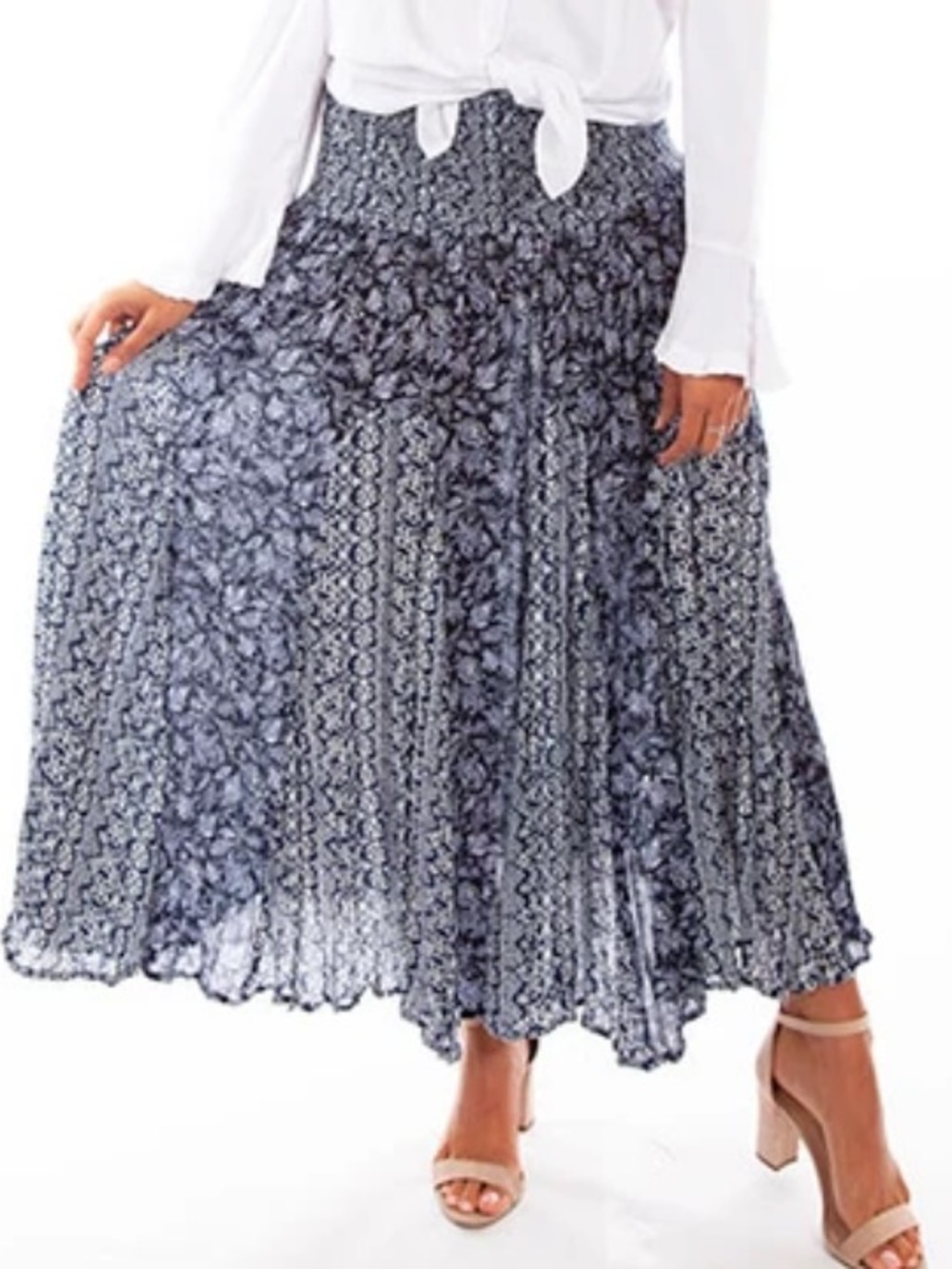 Scully's Cantina Collection Blue White Print Broomstick Floral Maxi Skirt Size M